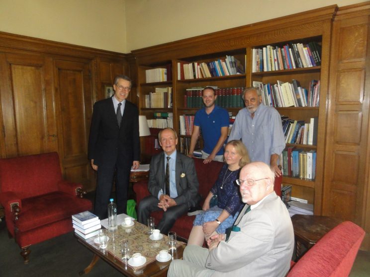 A preparatory meeting the previous at the Centre for Hellenic Culture in Athens, from the left: Embassador Pauli Mäkelä, ET, Lazaros Papoutsis, Eila Tarasti, Professor Tsoukalas, Head of the Center, and Professor Hannu Riikonen